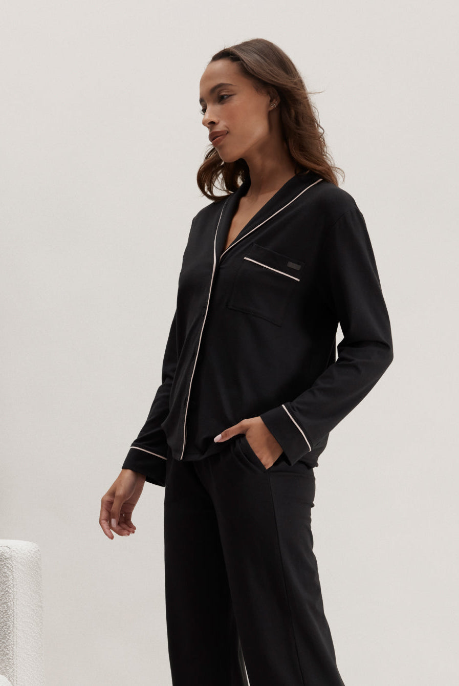 Lunya Pajamas Slumberknit™ Shawl Collar Button Down Pant Set - #Immersed Black/Delicate Pink