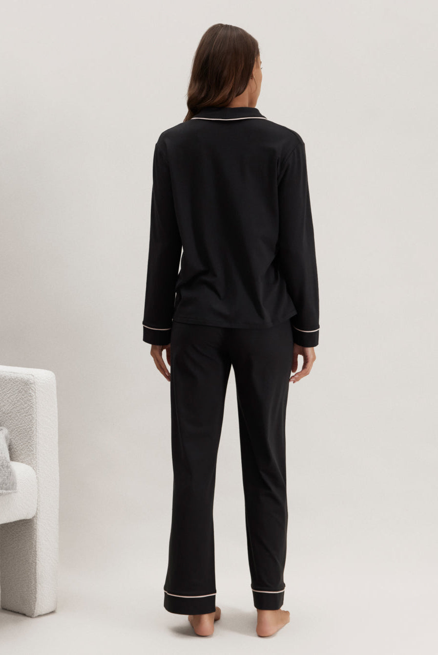 Lunya Pajamas Slumberknit™ Shawl Collar Button Down Pant Set - #Immersed Black/Delicate Pink