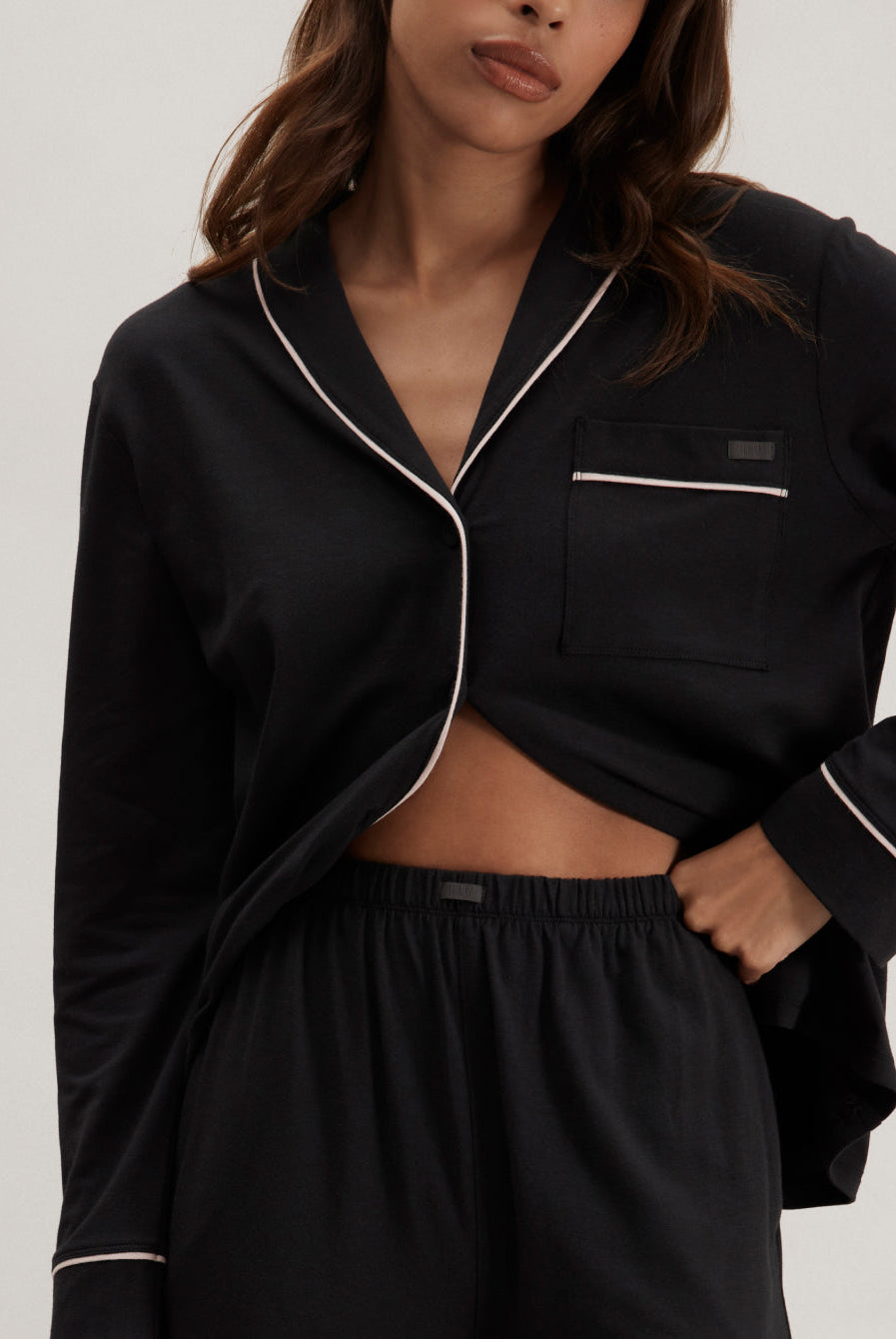 Lunya Pajamas Slumberknit™ Shawl Collar Button Down Pant Set - #Immersed Black/Delicate Pink