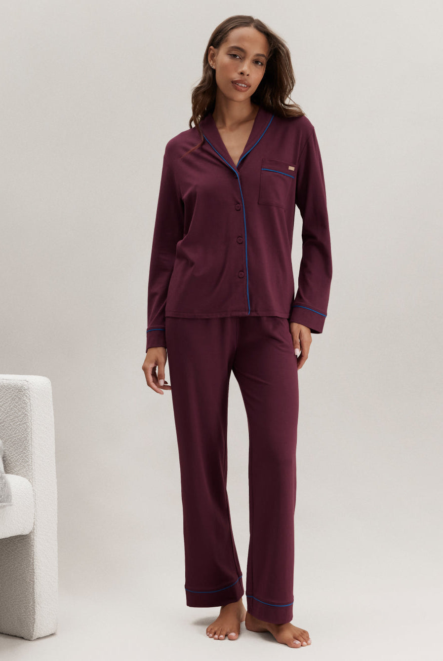 Lunya Pajamas Slumberknit™ Shawl Collar Button Down Pant Set - #Calliope Wine/Royal Lagoon