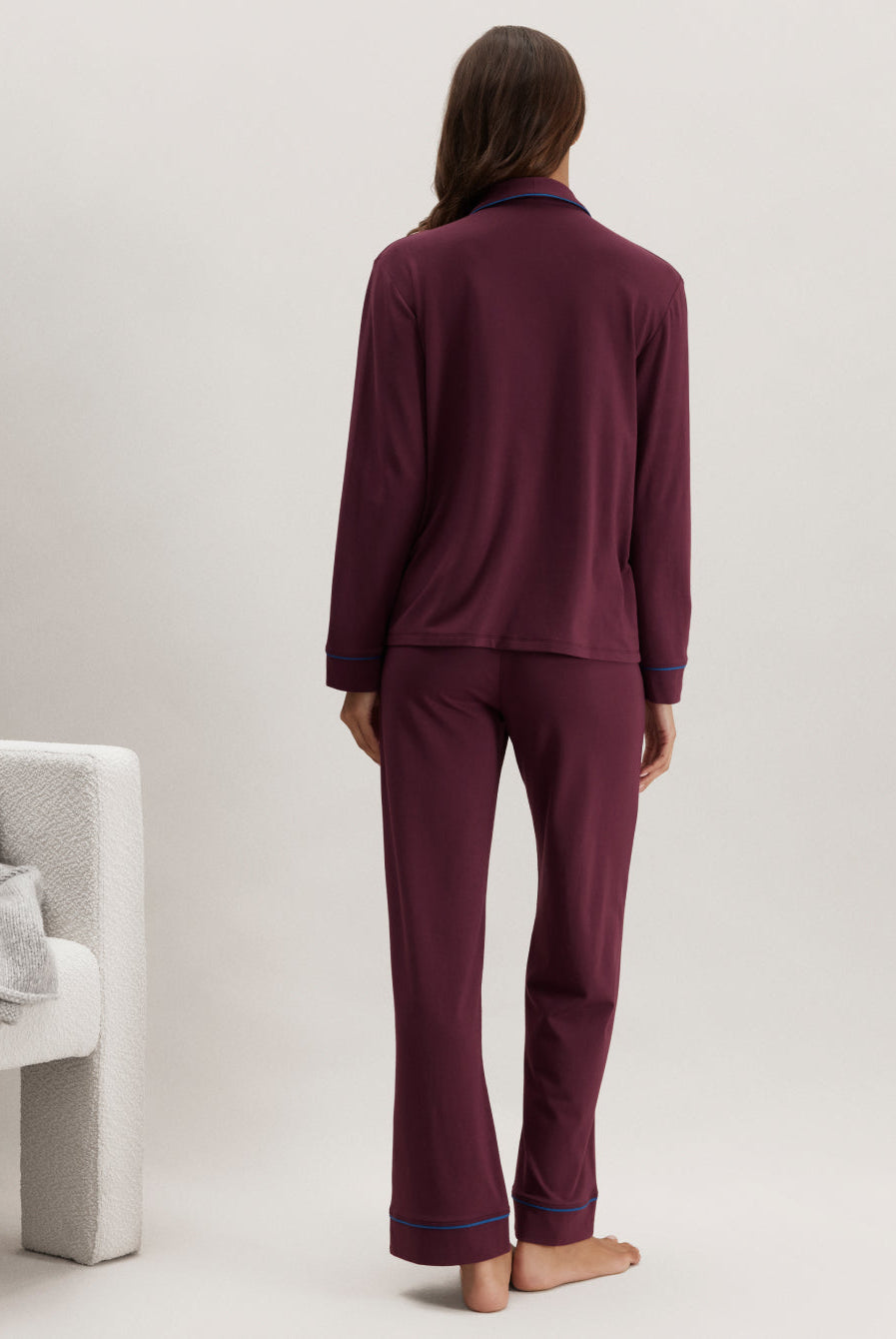 Lunya Pajamas Slumberknit™ Shawl Collar Button Down Pant Set - #Calliope Wine/Royal Lagoon