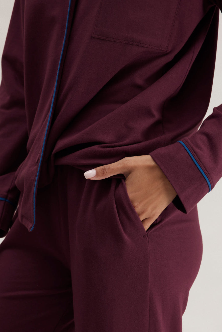 Lunya Pajamas Slumberknit™ Shawl Collar Button Down Pant Set - #Calliope Wine/Royal Lagoon