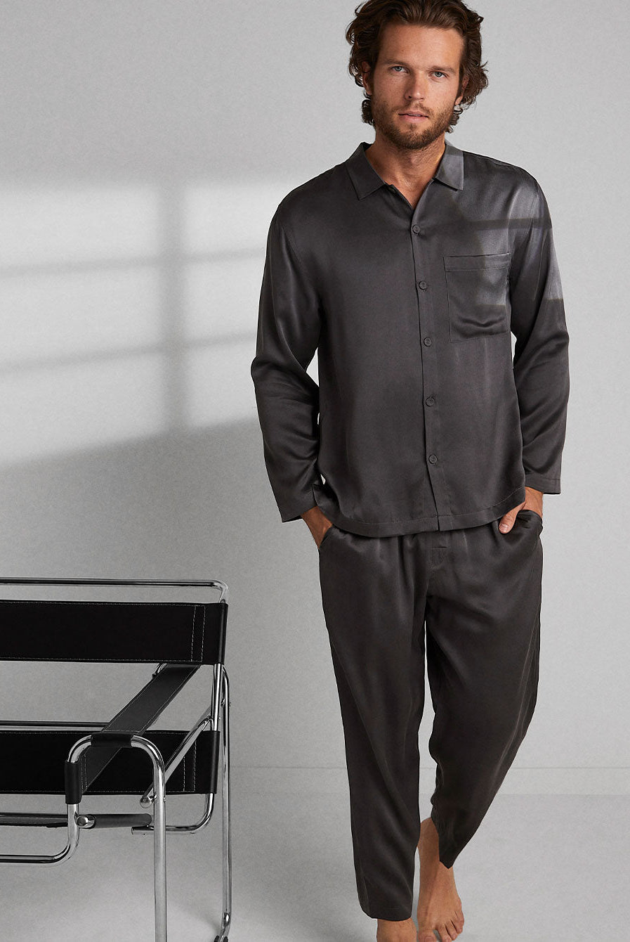 Lunya Men's Washable Silk Button Up Set- #Meditative Grey