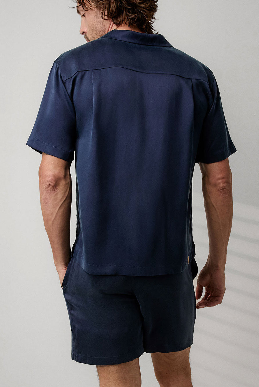 Men's Washable Silk Button Up Short Set - #Deep Blue