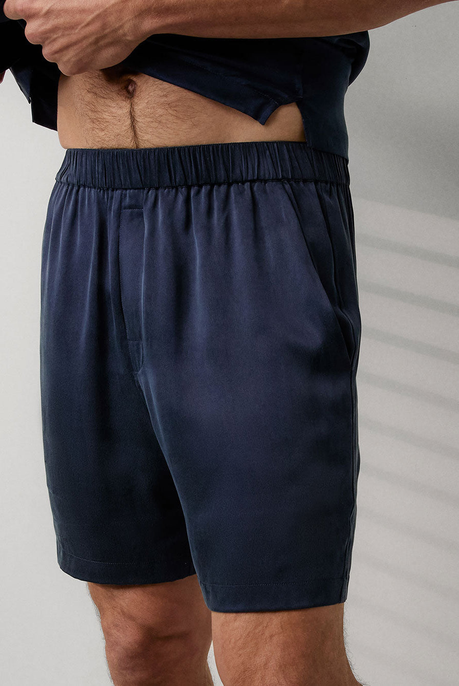 Men's Washable Silk Button Up Short Set - #Deep Blue