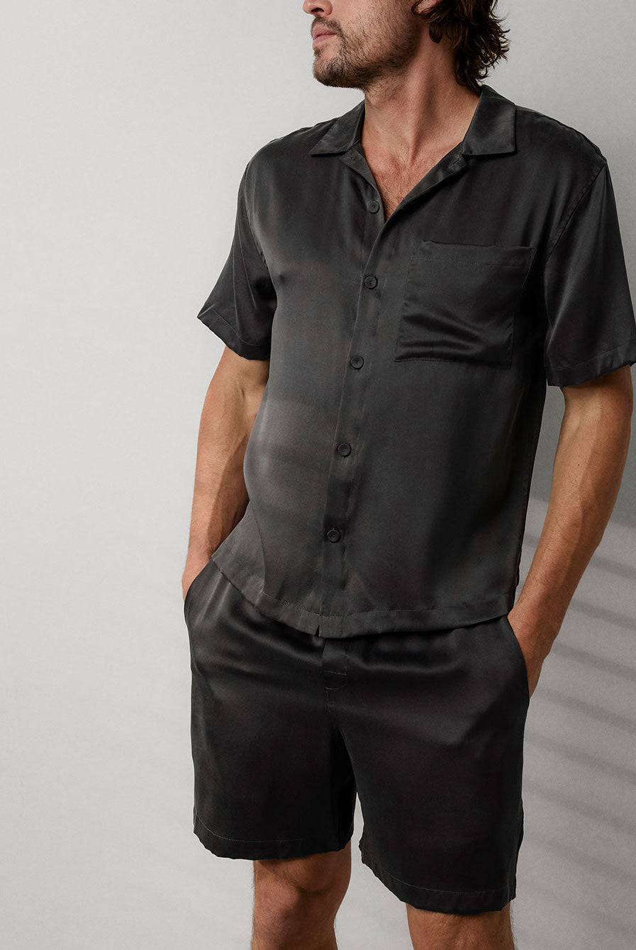 Lunya Men's Washable Silk Button Up Short Set - #Meditative Grey