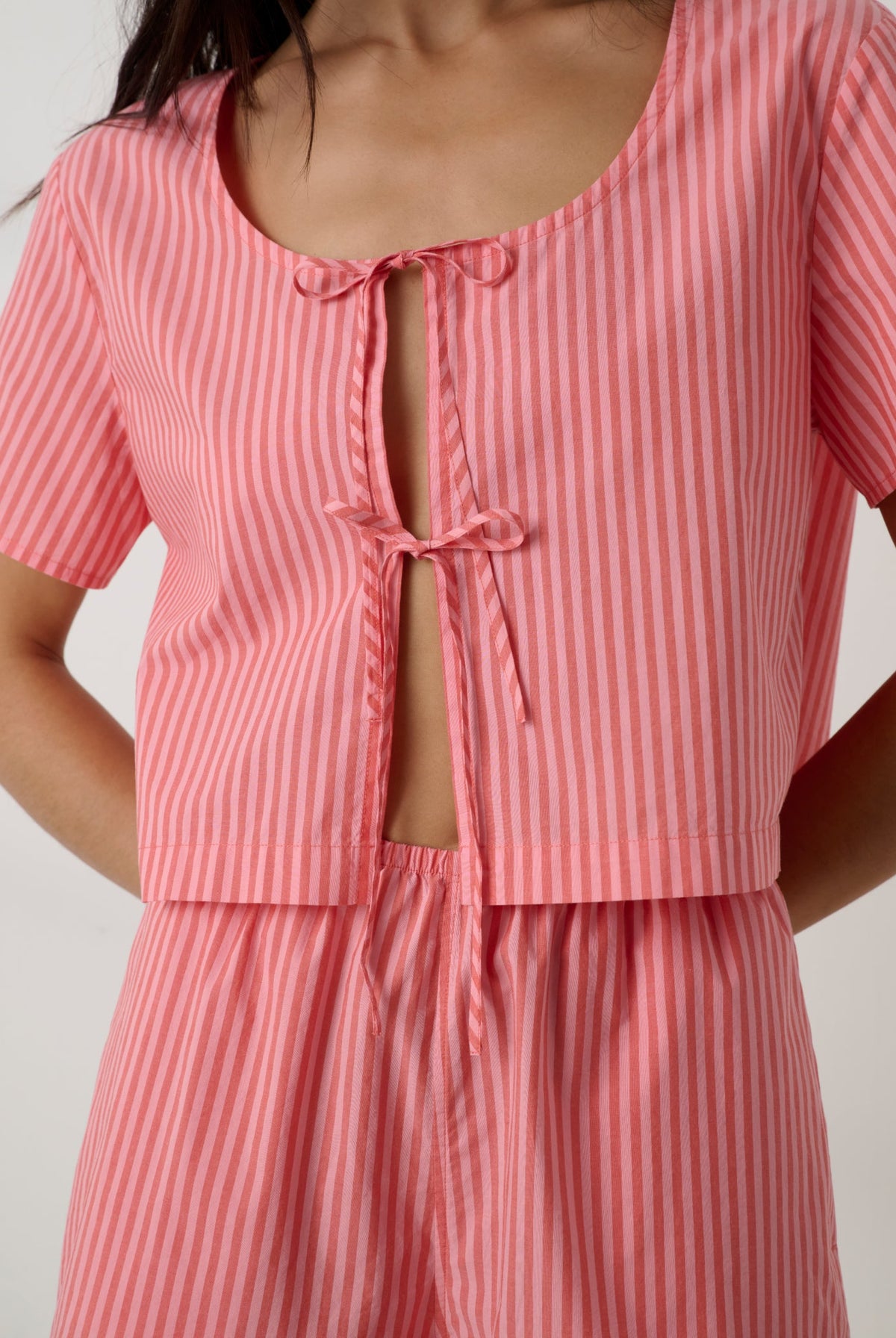 Lunya Pajamas - Airy Cotton Tie Front Top #Sunset Stripe