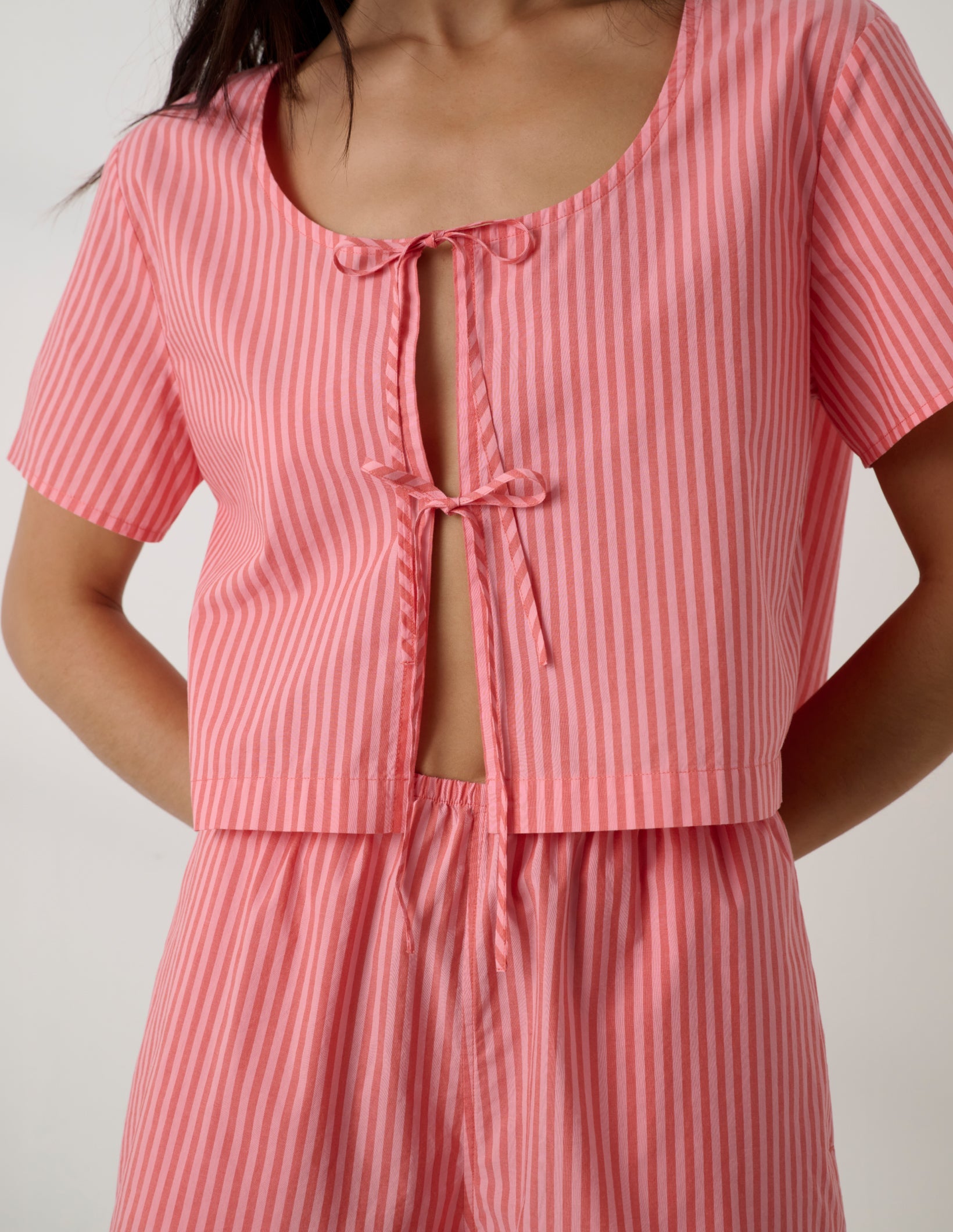 Lunya Pajamas - Airy Cotton Tie Front Top #Sunset Stripe