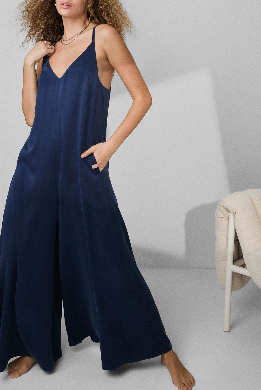 Washable Silk Elastic Strap Jumpsuit - #Deep Blue