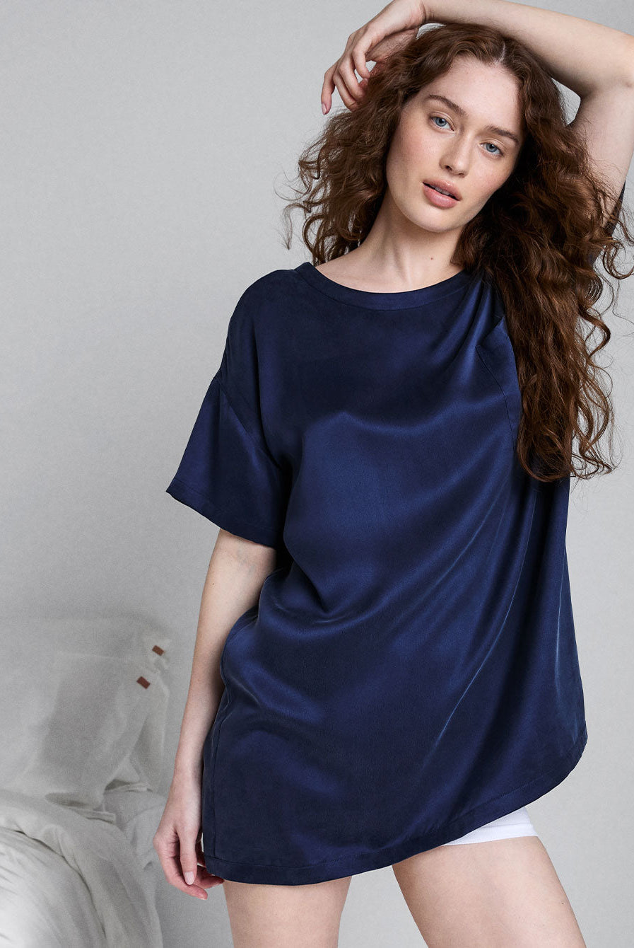 Washable Silk Oversized Sleep Tee - #Deep Blue