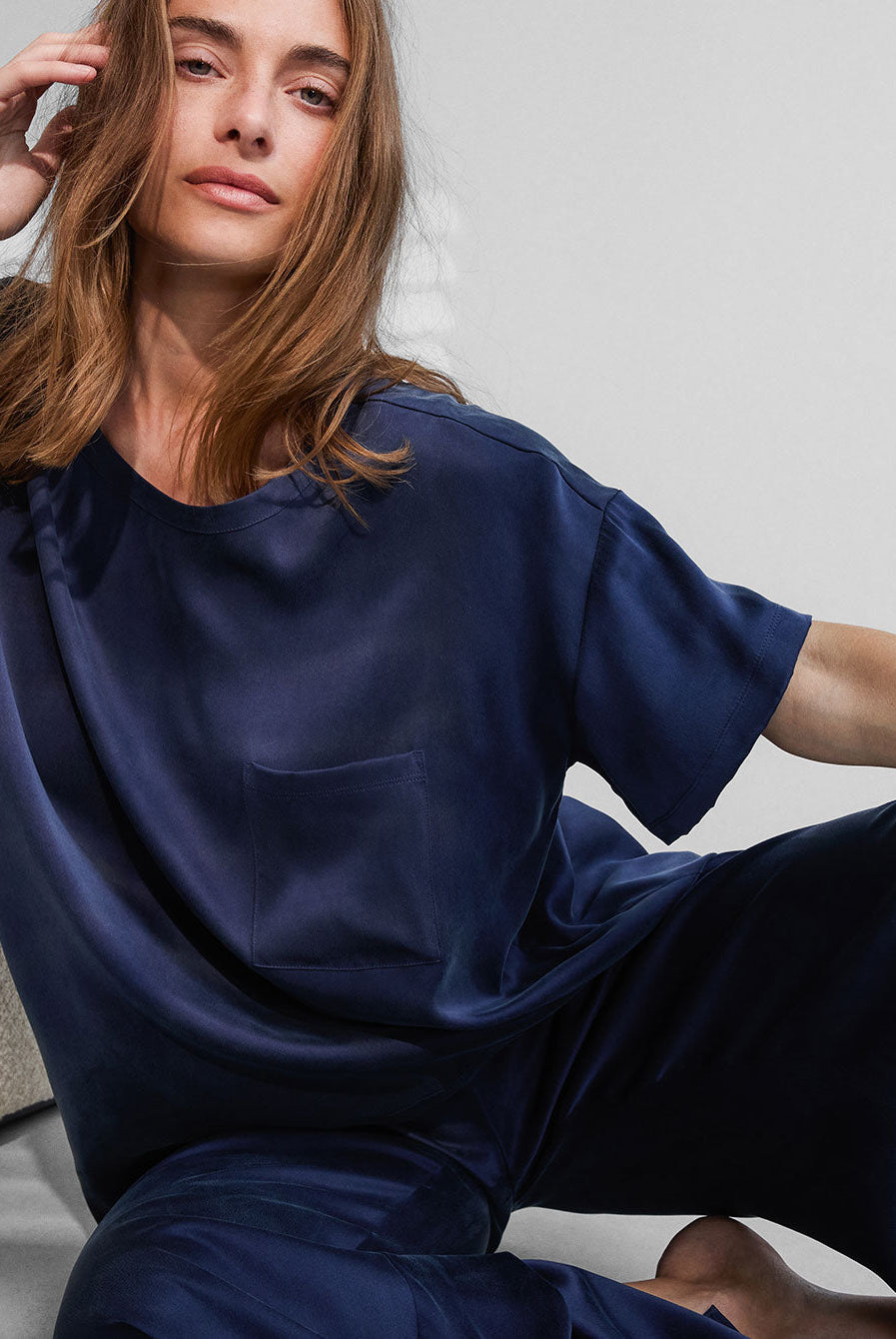 Lunya Sleepwear Washable Silk Tee Pant Set - #Deep Blue