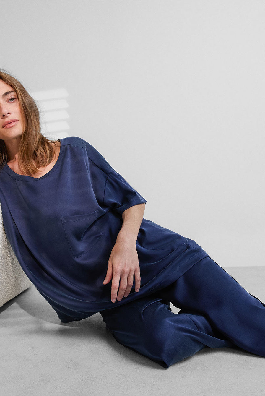Lunya Sleepwear Washable Silk Tee Pant Set - #Deep Blue