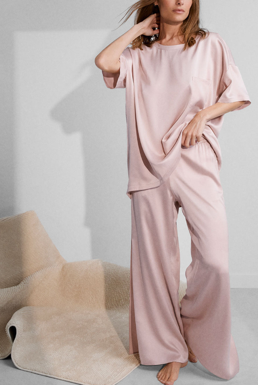 Washable Silk Tee Pant Set - #Delicate Pink