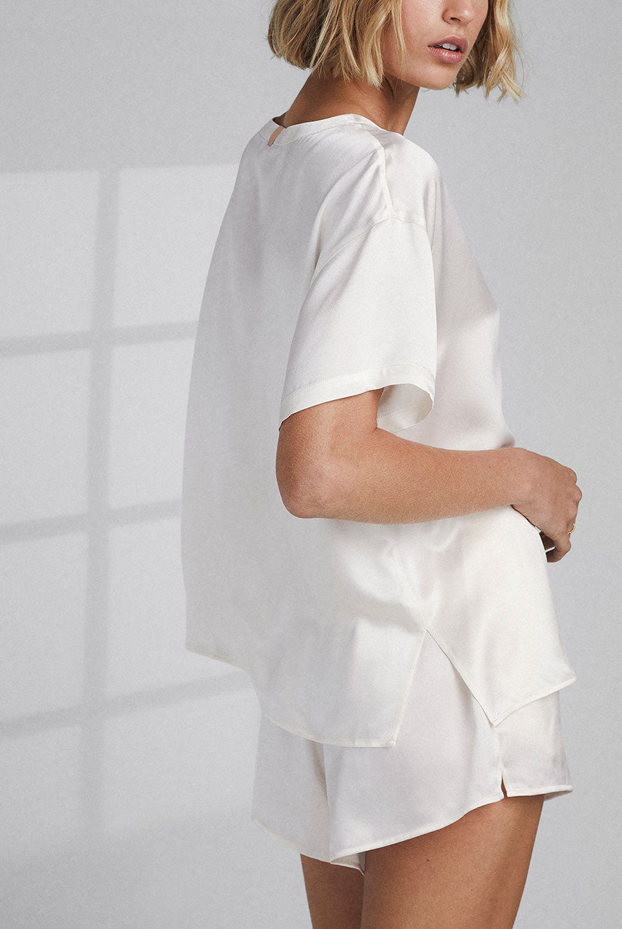 Washable Silk Tee Short Set - #Tranquil White