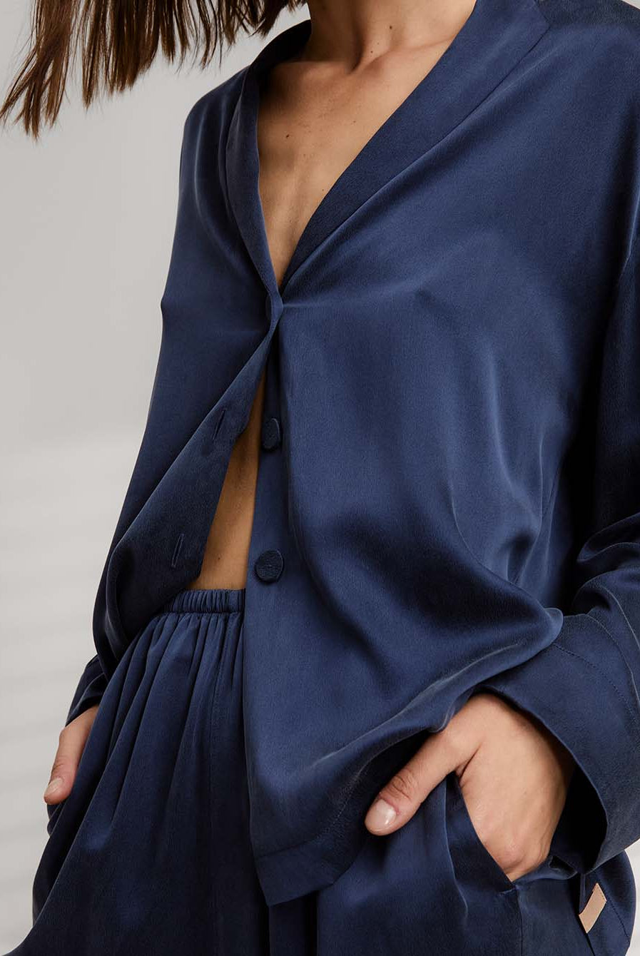 Lunya Loungewear Washable Silk Long Sleeve Pant Set - #Deep Blue