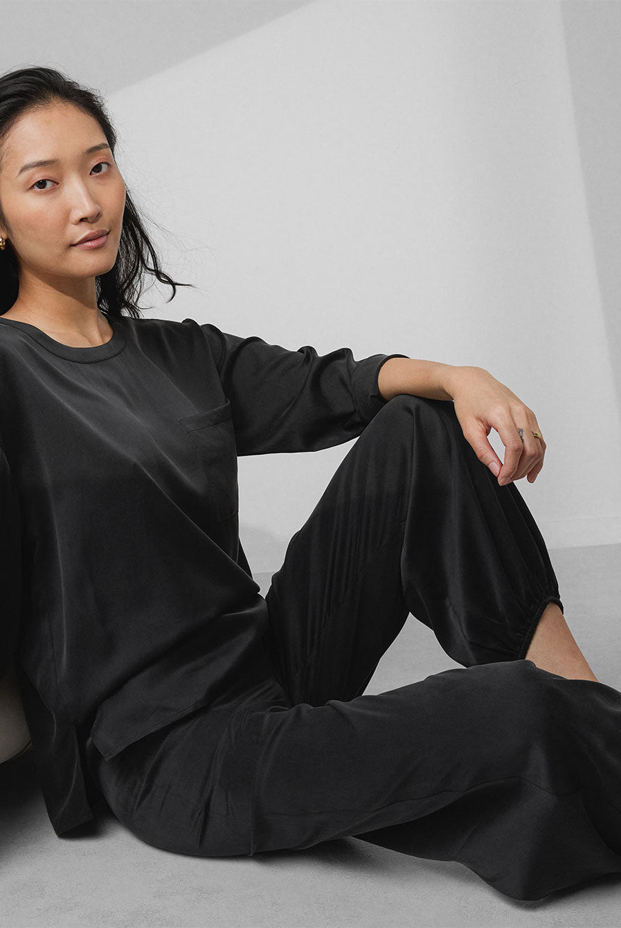 Washable Silk Long Sleeve Jogger Pant Set - #Immersed Black