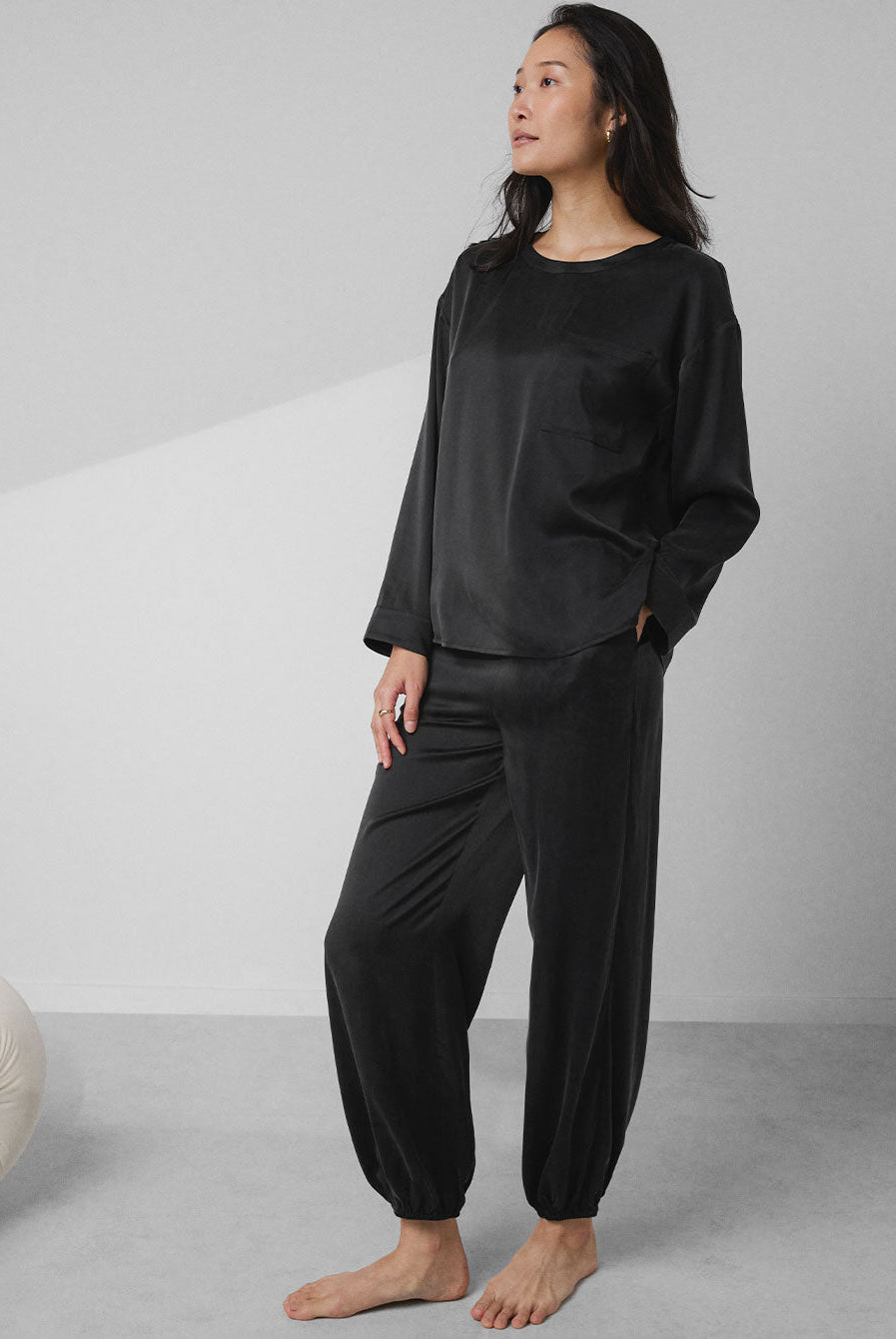 Washable Silk Long Sleeve Jogger Pant Set - #Immersed Black