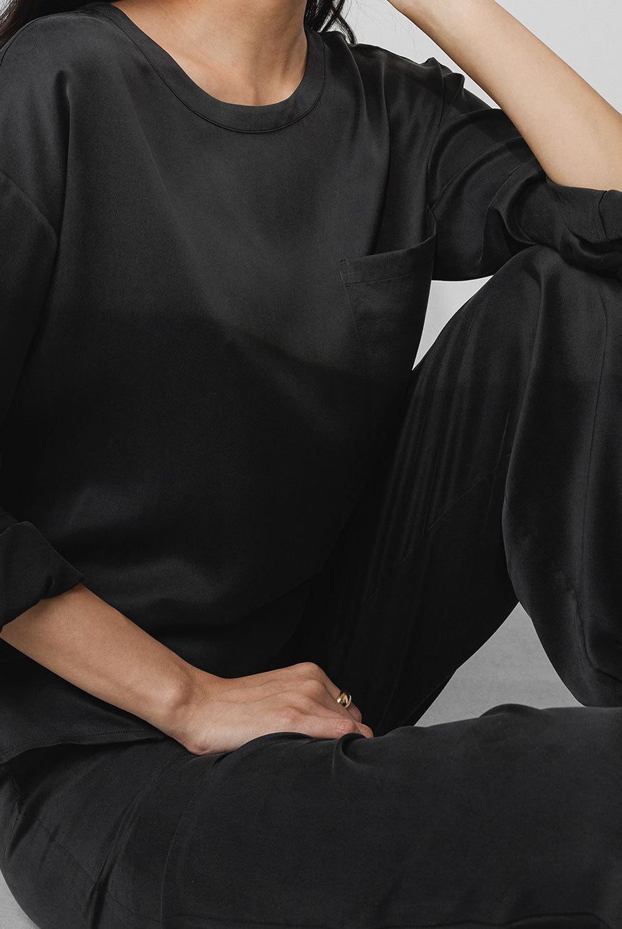 Washable Silk Long Sleeve Jogger Pant Set - #Immersed Black