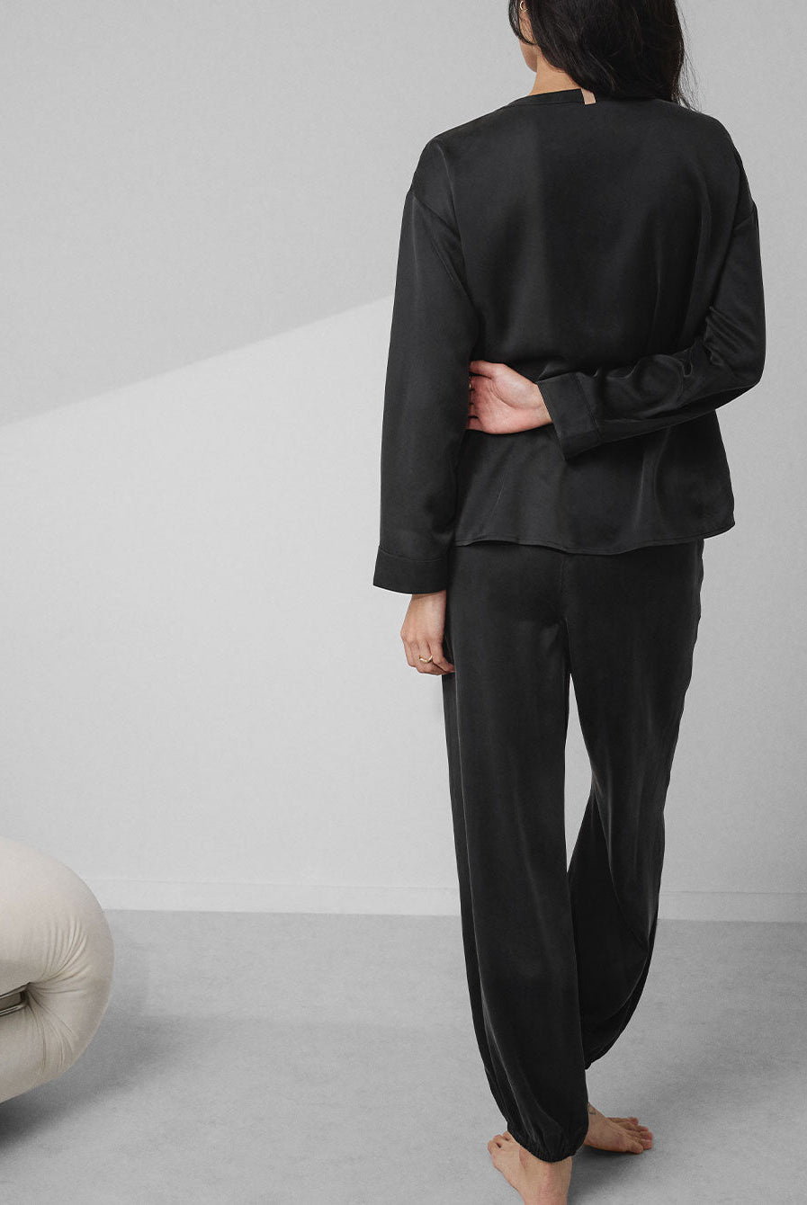 Washable Silk Long Sleeve Jogger Pant Set - #Immersed Black