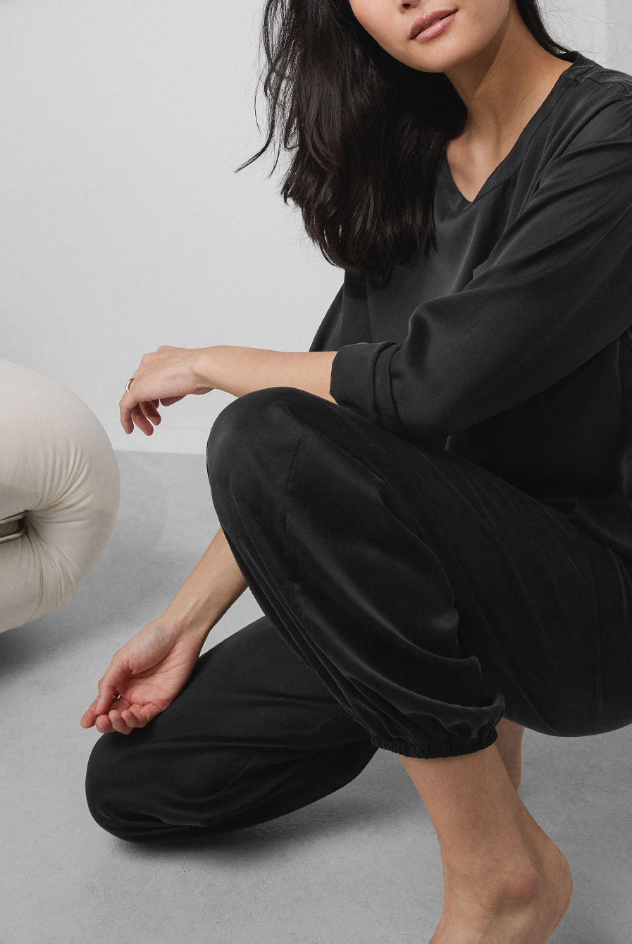 Washable Silk Long Sleeve Jogger Pant Set - #Immersed Black