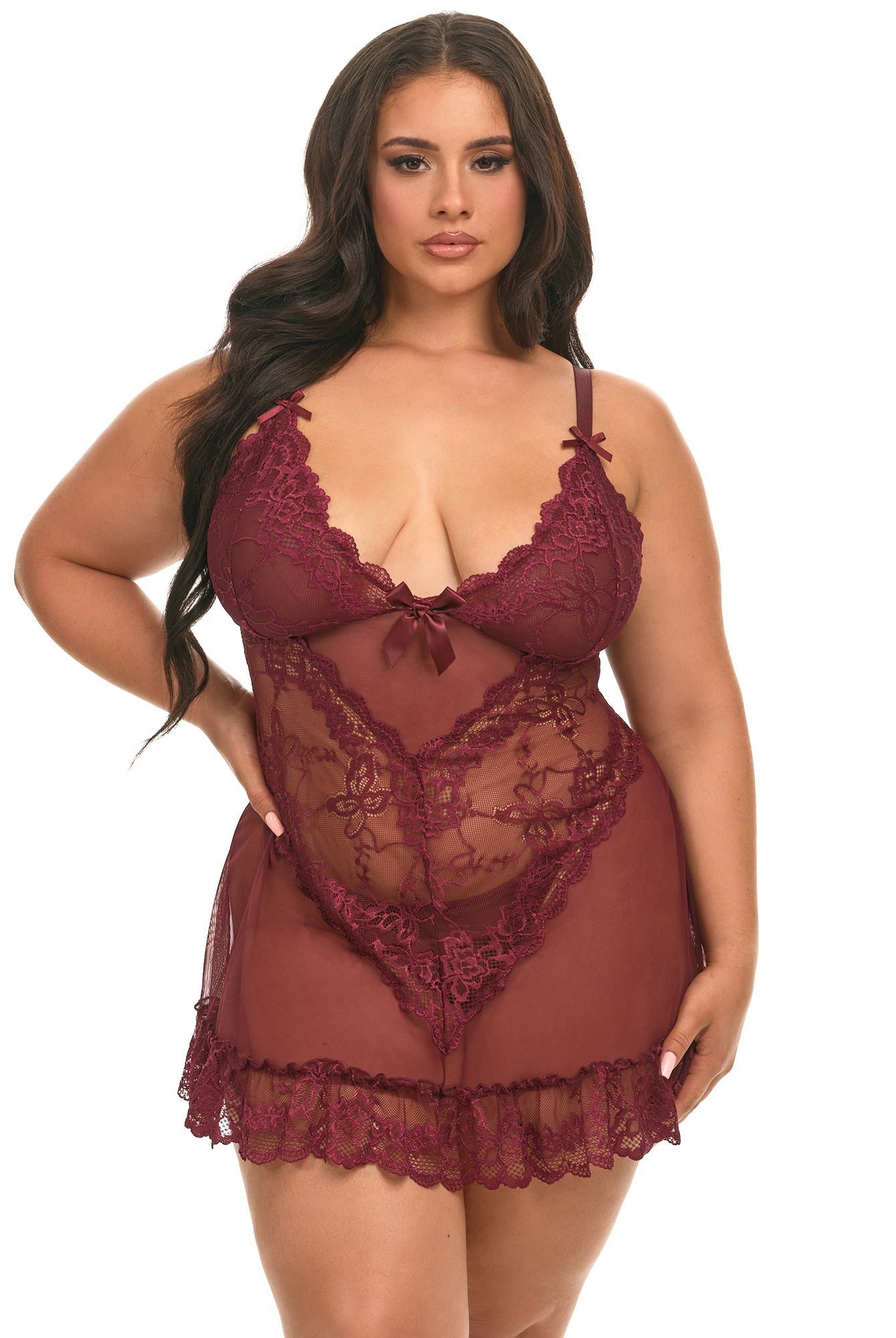 Valentine Soft Cup Lacey Plus Size Babydoll With Bows And G - string Panty - Babydoll - Oh La La Cheri