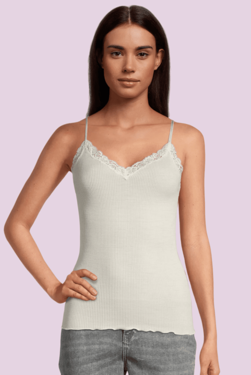 Lettuce Edge Ribbed Wool & Silk V - neck Camisole Top With Lace - Cami - Oscalito