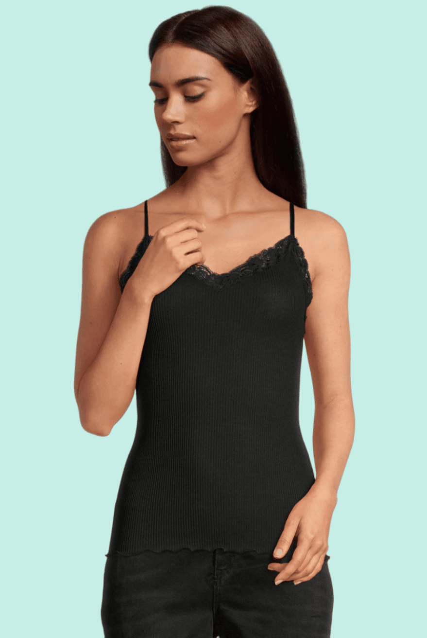 Lettuce Edge Ribbed Wool & Silk V - neck Camisole Top With Lace - Cami - Oscalito