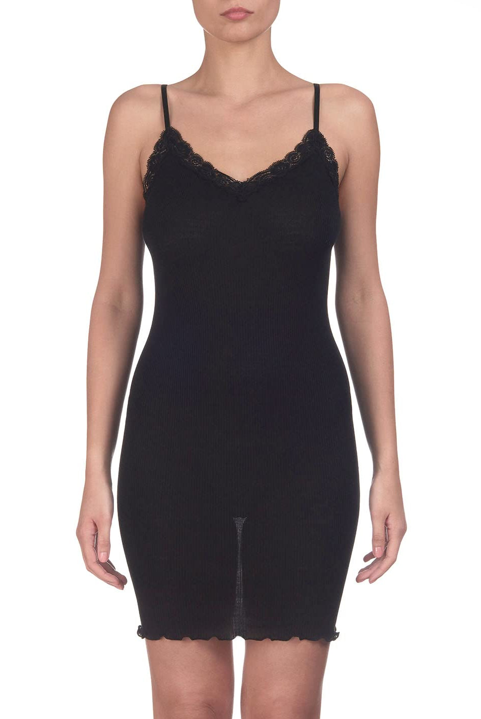 Lettuce Edge Ribbed Wool & Silk V - neck Chemise Lounge Dress With Lace - Chemise - Oscalito