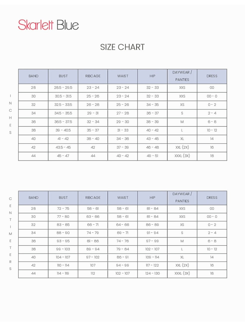 Size chart for Skarlett Blue bras