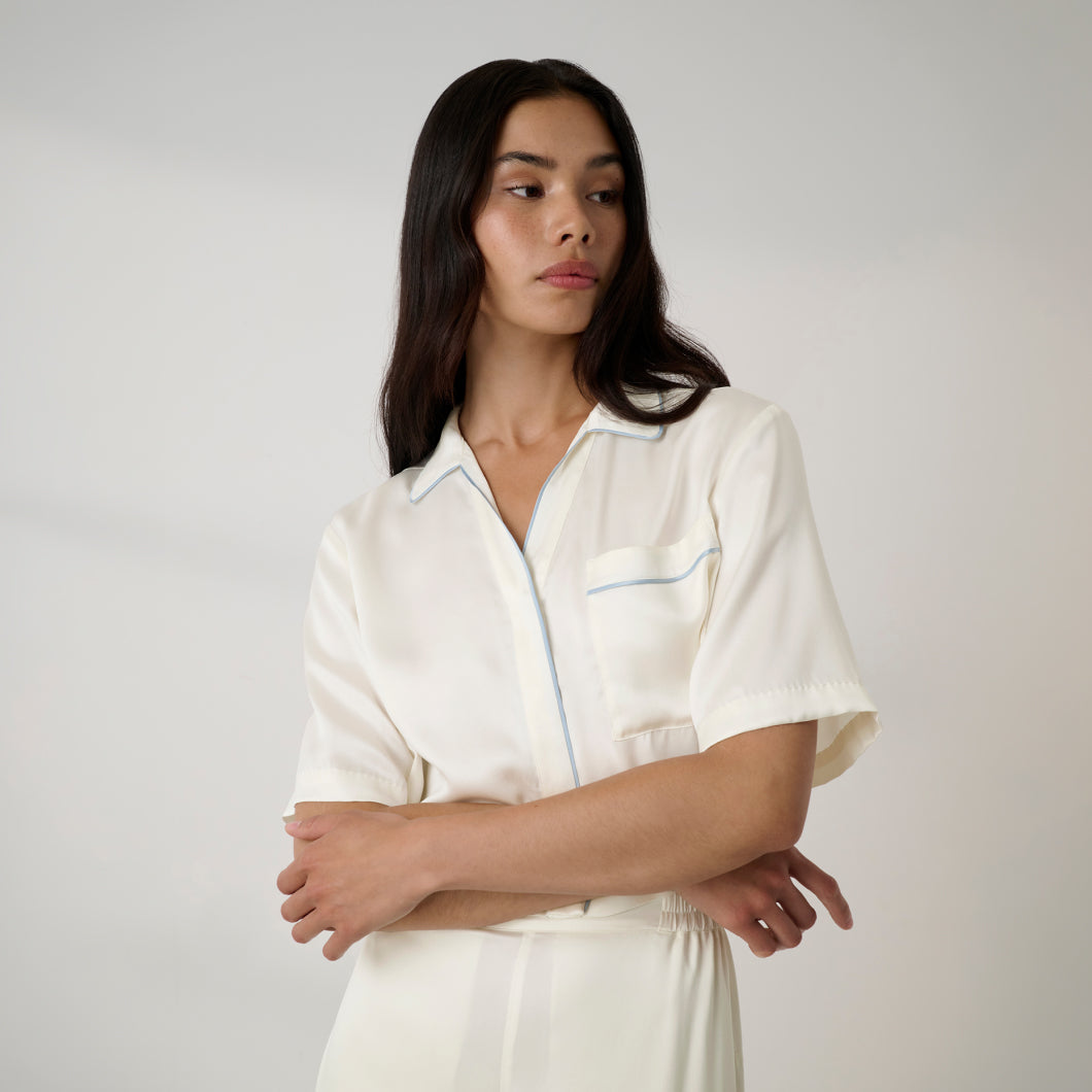 Lunya Pajamas Bridal - Washable Silk High Rise Pant Set #Tranquil White/Frosted Lagoon