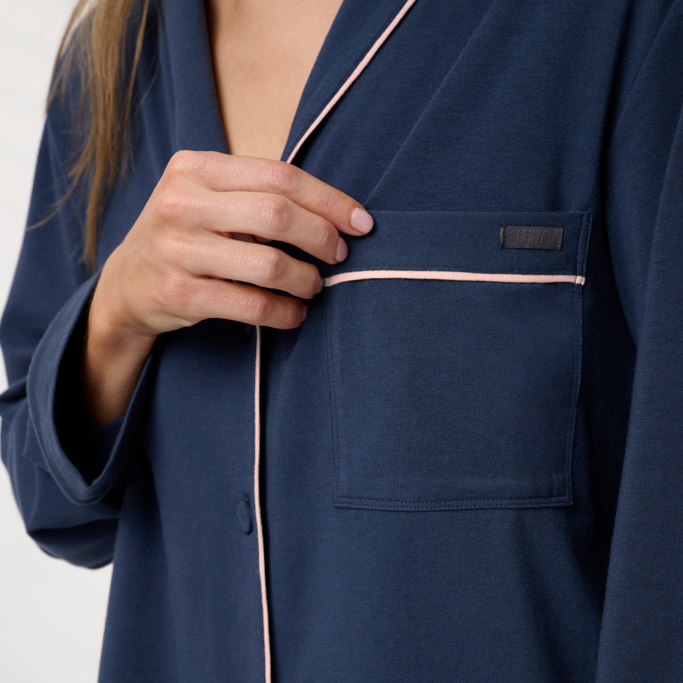 Lunya Pajamas - SLUMBERKNIT™ SHAWL COLLAR BUTTON DOWN PANT SET - #Deep Blue/Delicate Pink