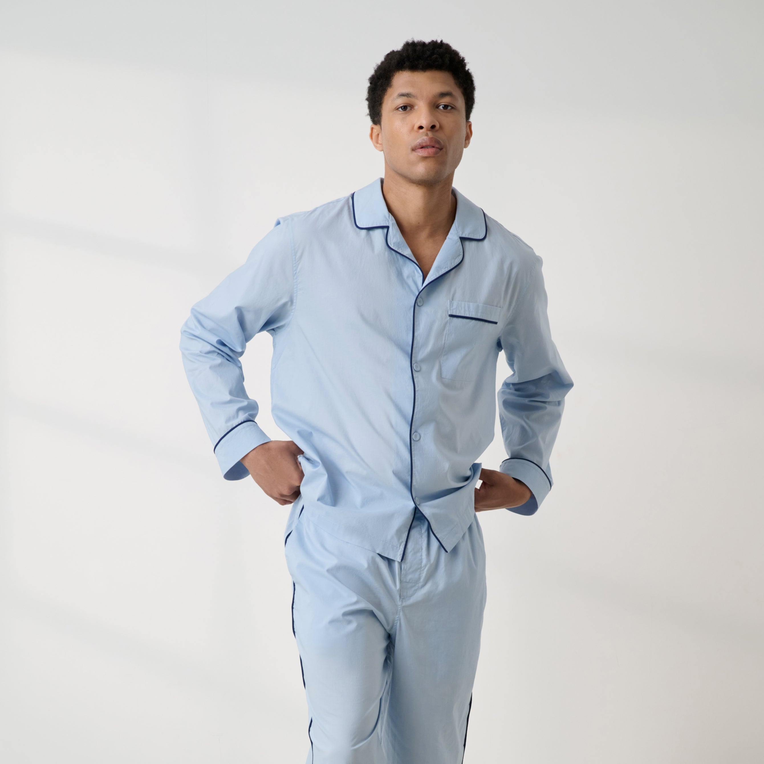 Lunya Men's Pajamas - Men's Airy Cotton Piped Sleep Shirt - #STEEL BLUE/DEEP BLUE