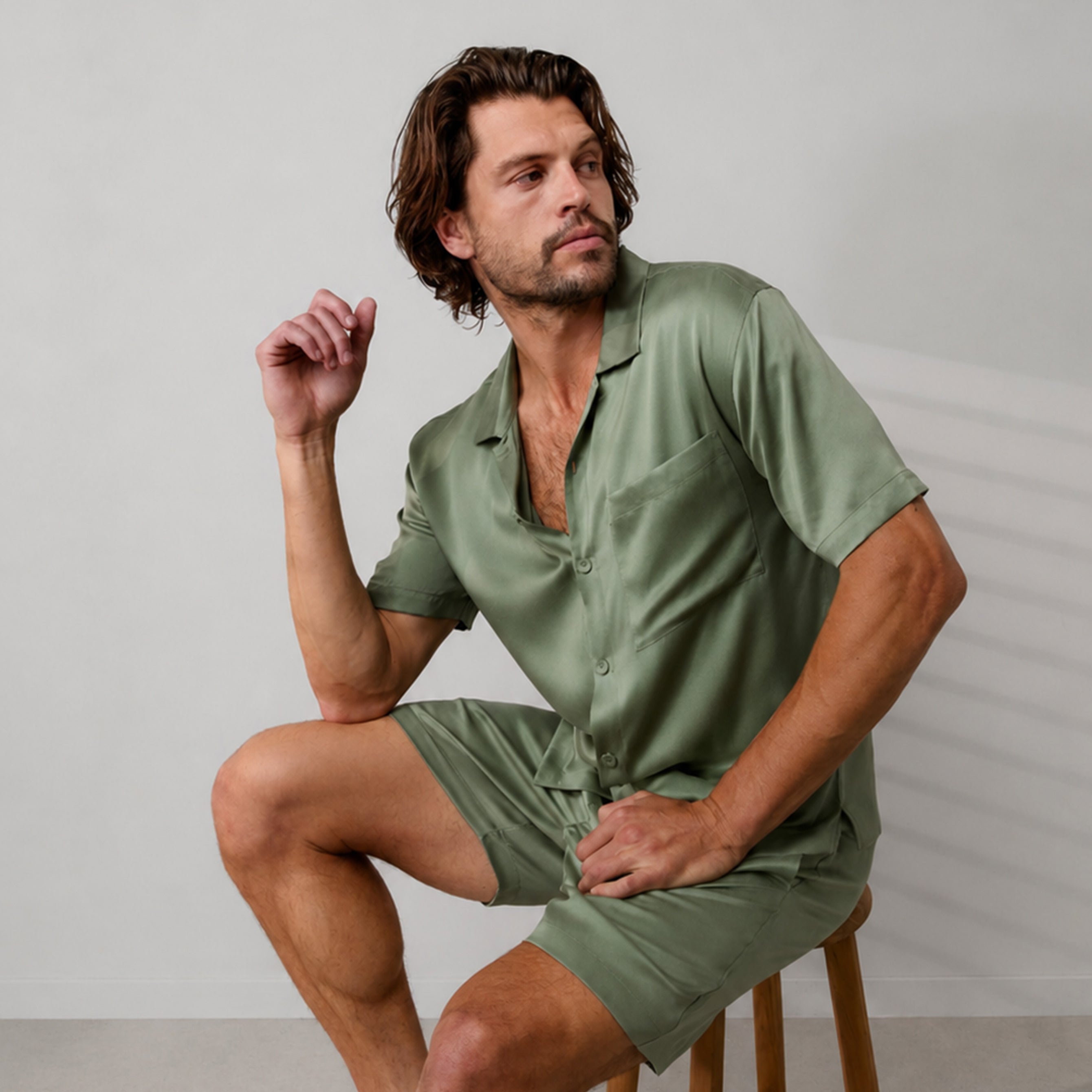 Lunya Men's Pajamas - Men's Washable Silk Button Up Short Set - #Garden Moss
