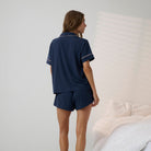 Lunya Pajamas - SLUMBERKNIT™ SHAWL COLLAR SHORT SLEEVE SHORT SET- #Deep Blue/Delicate Pink