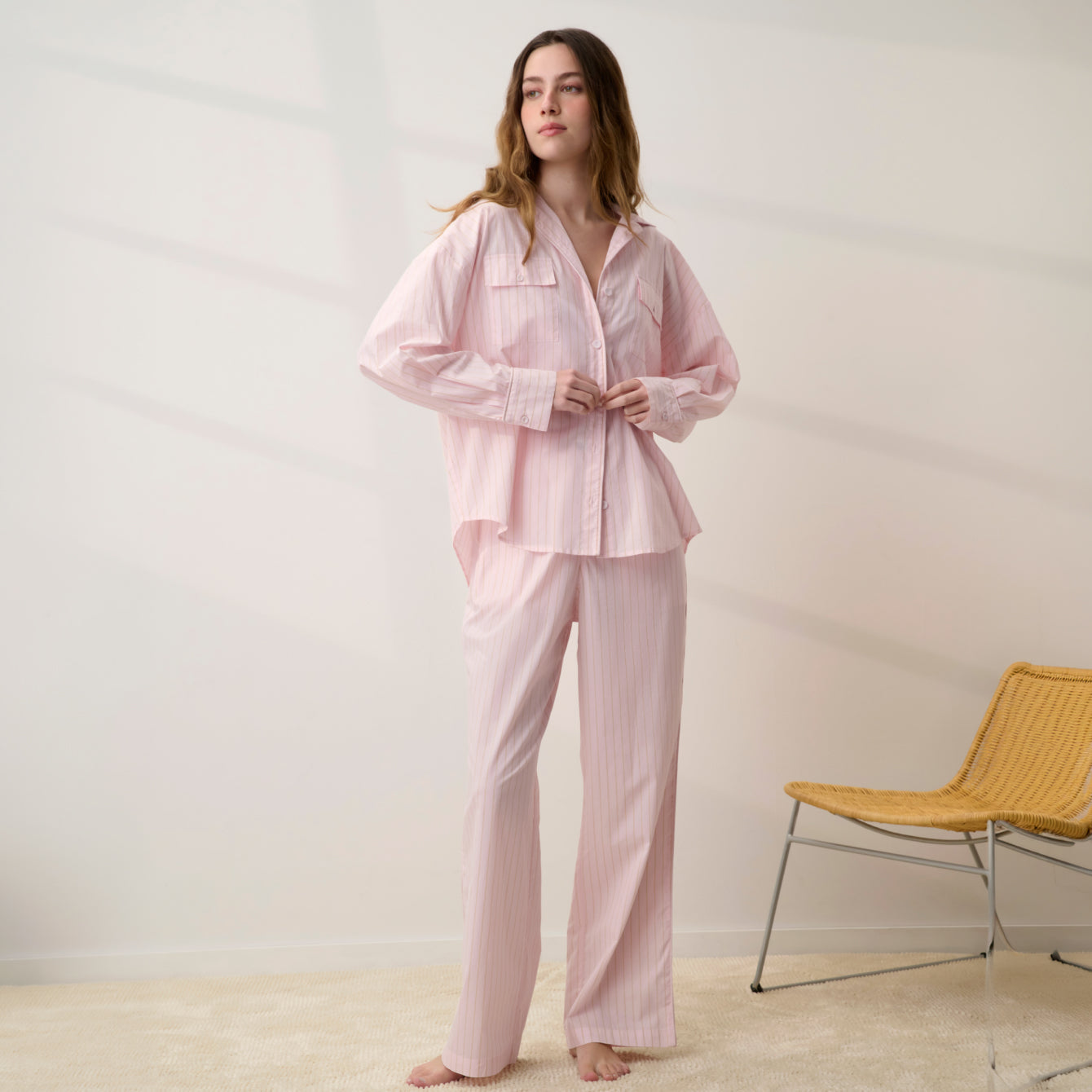 Lunya Pajamas - AIRY COTTON PIPED BUTTON DOWN #ROSEWATER STRIPE