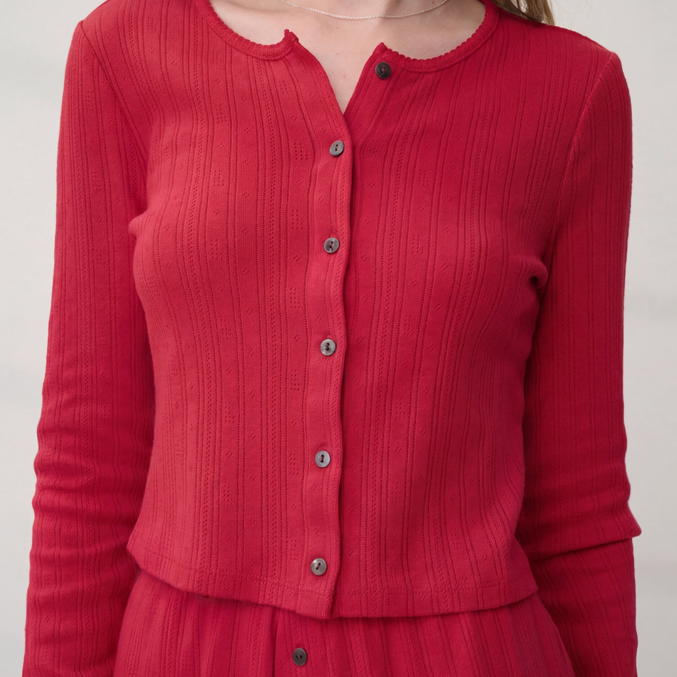 Lunya Loungewear - POINTELLE CREW NECK CARDIGAN #CAMELLIA RED