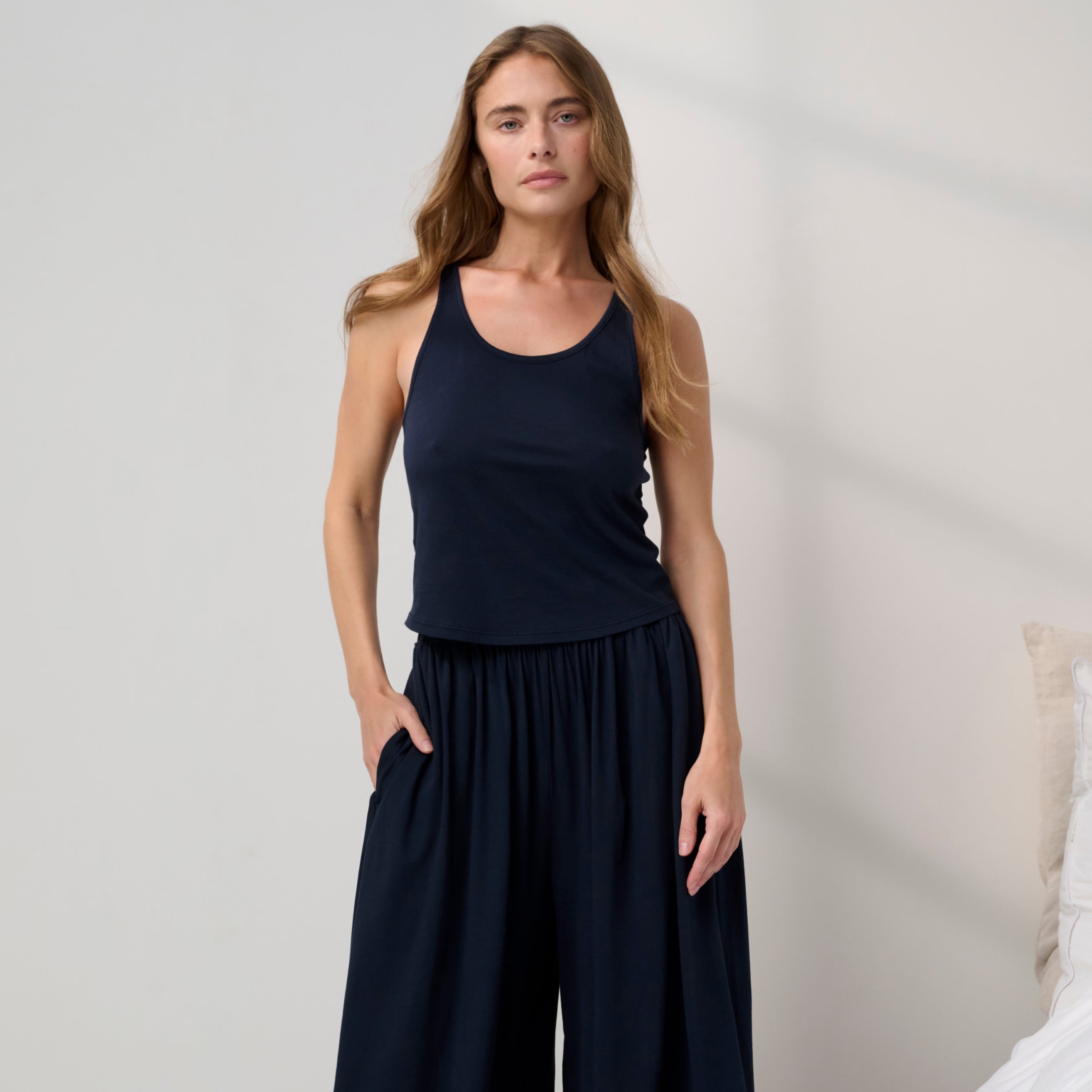 Lunya Pajamas - Organic Pima Curved Hem Tank / Organic Pima Wide Leg Pant #Deep Blue
