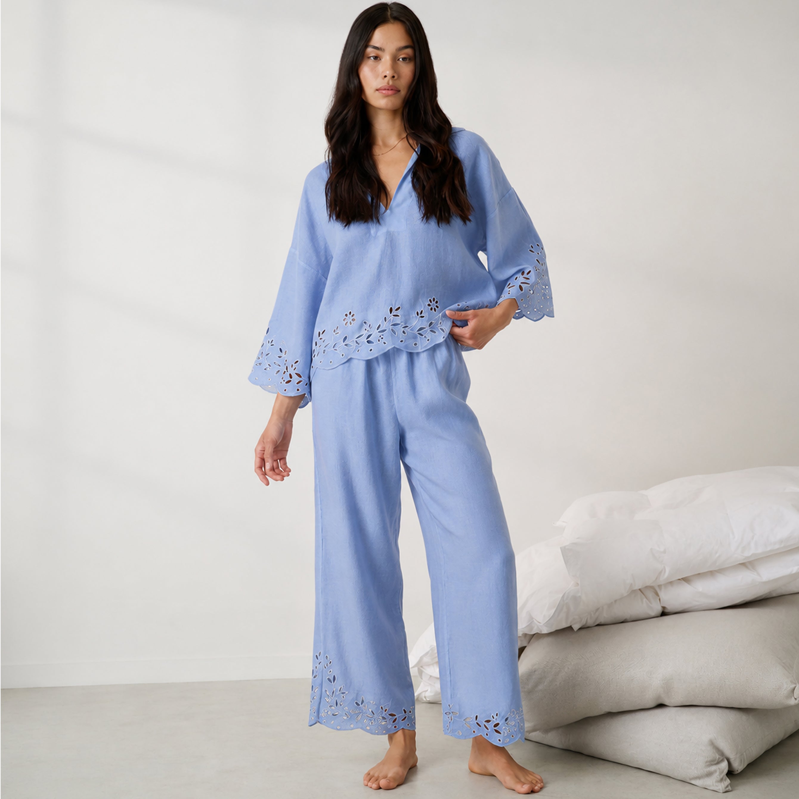 Lunya Pajamas - LINEN EMBROIDERED EYELET PANT - #Whisper Blue