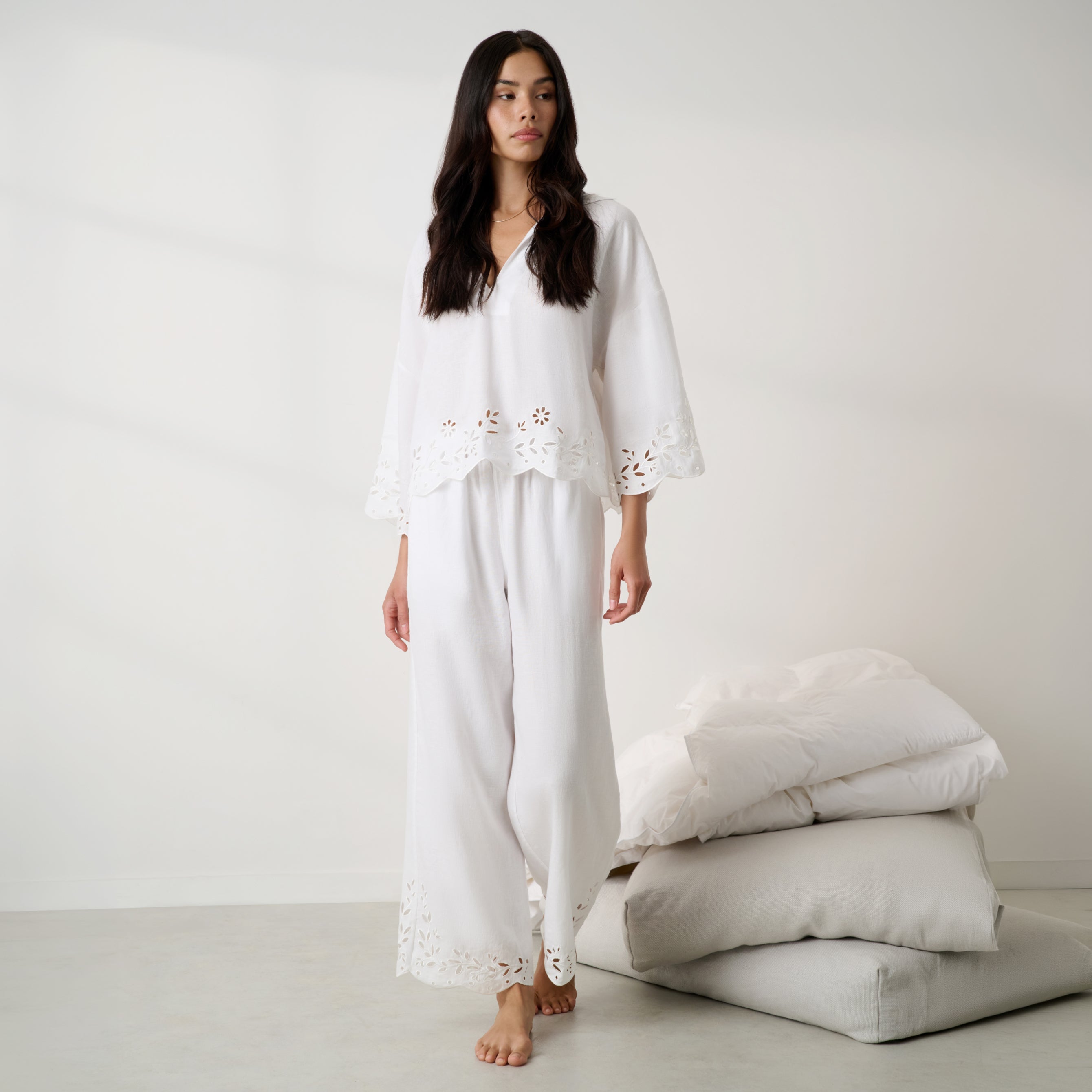 Lunya Pajamas - Linen Embroidered Eyelet Pant - #Sincere White