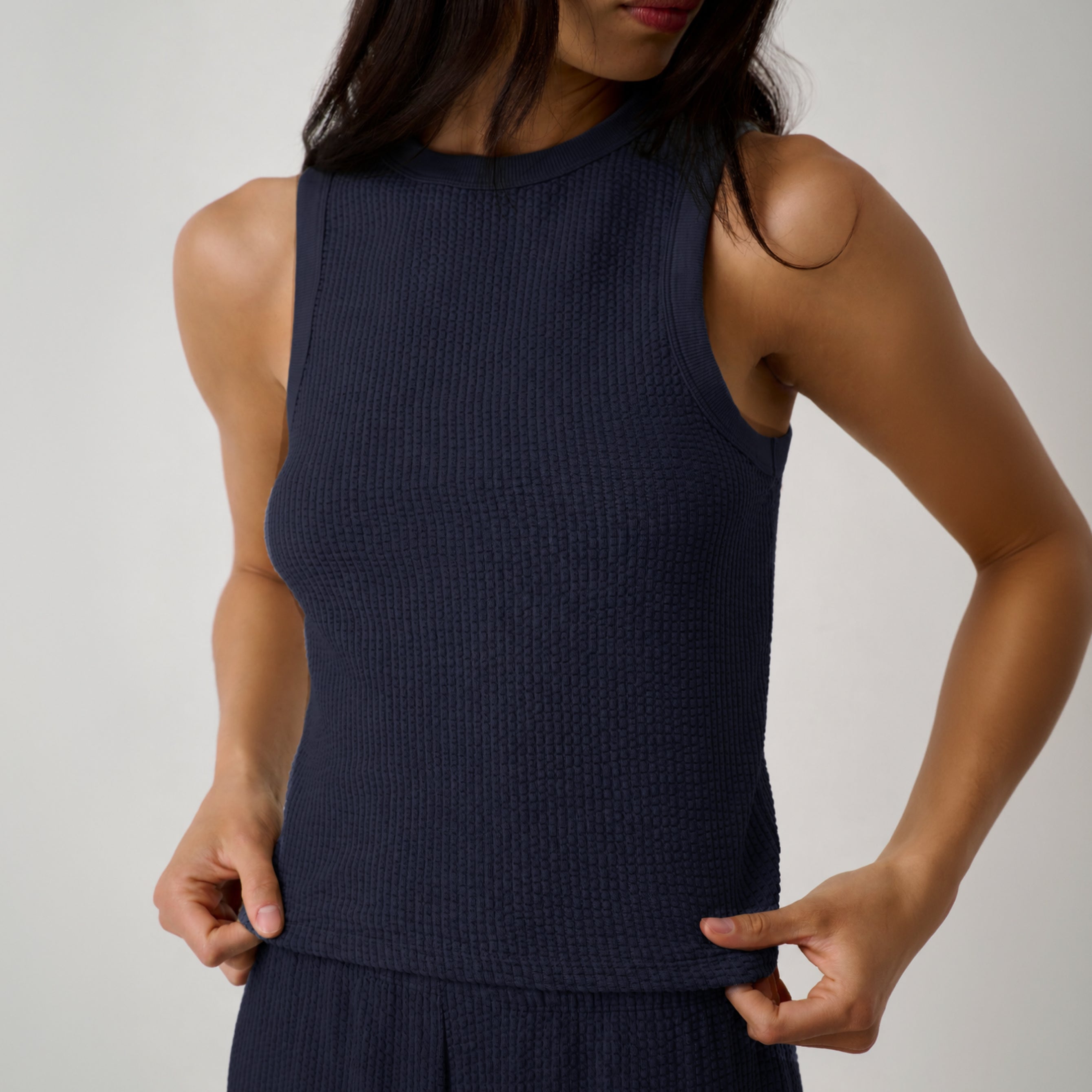 Lunya Pajamas - Organic Cotton Seersucker Tank #Deep Blue