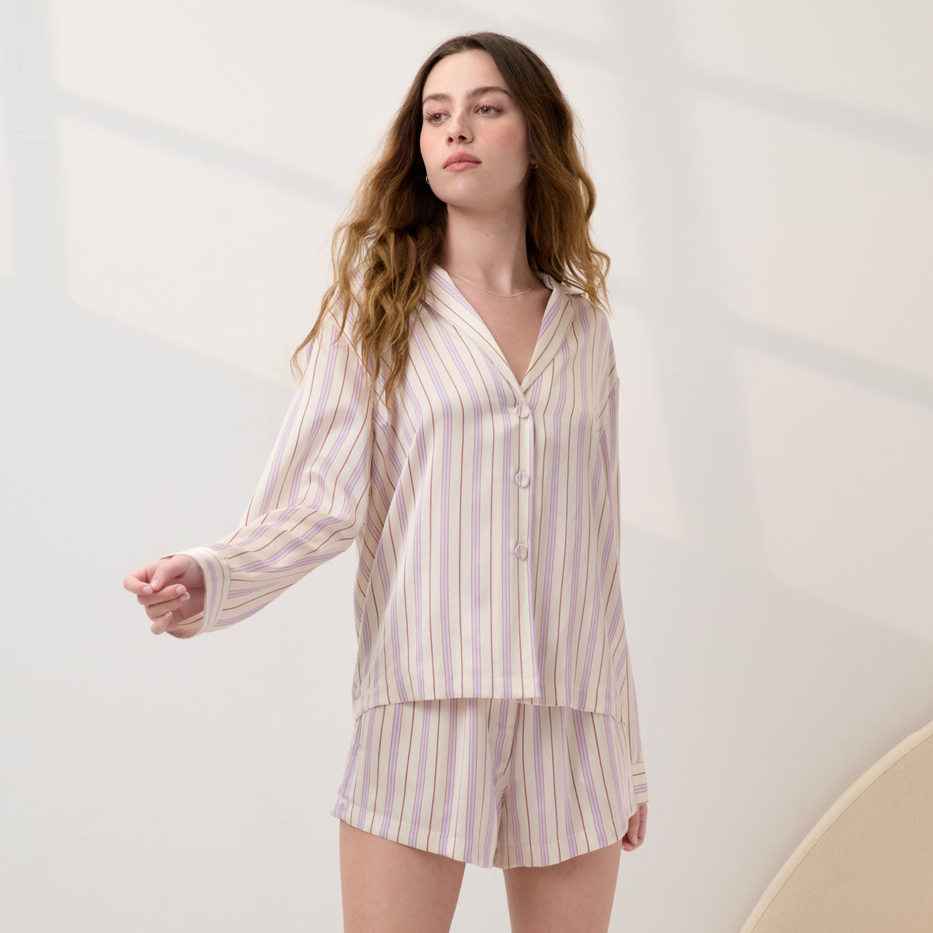 Lunya Pajamas - WASHABLE SILK BUTTON UP LONG SLEEVE SHORT SET #Wisteria Stripe