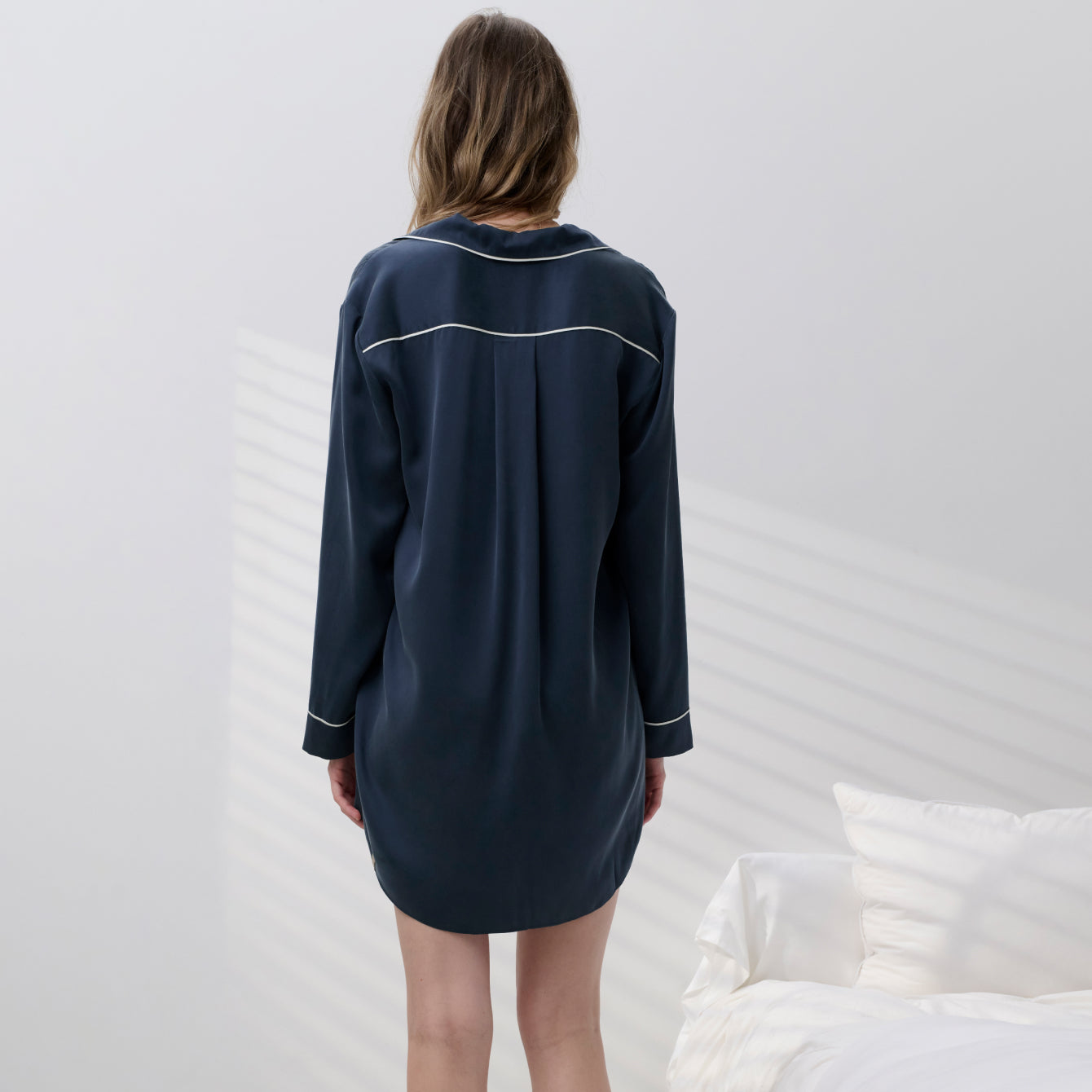 Lunya Pajamas Washable Silk Piped Sleep Shirt Dress - #Deep Blue/Tranquil White