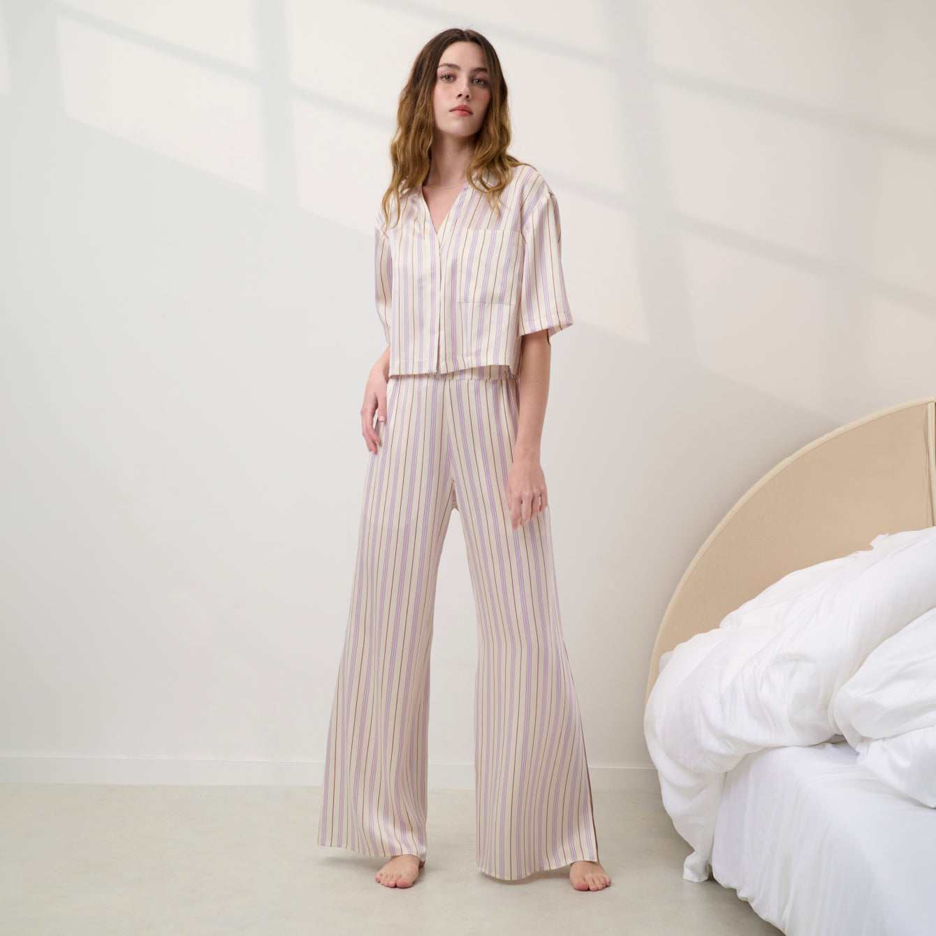 Lunya Pajamas - WASHABLE SILK HIGH RISE PANT SET #Wisteria Stripe