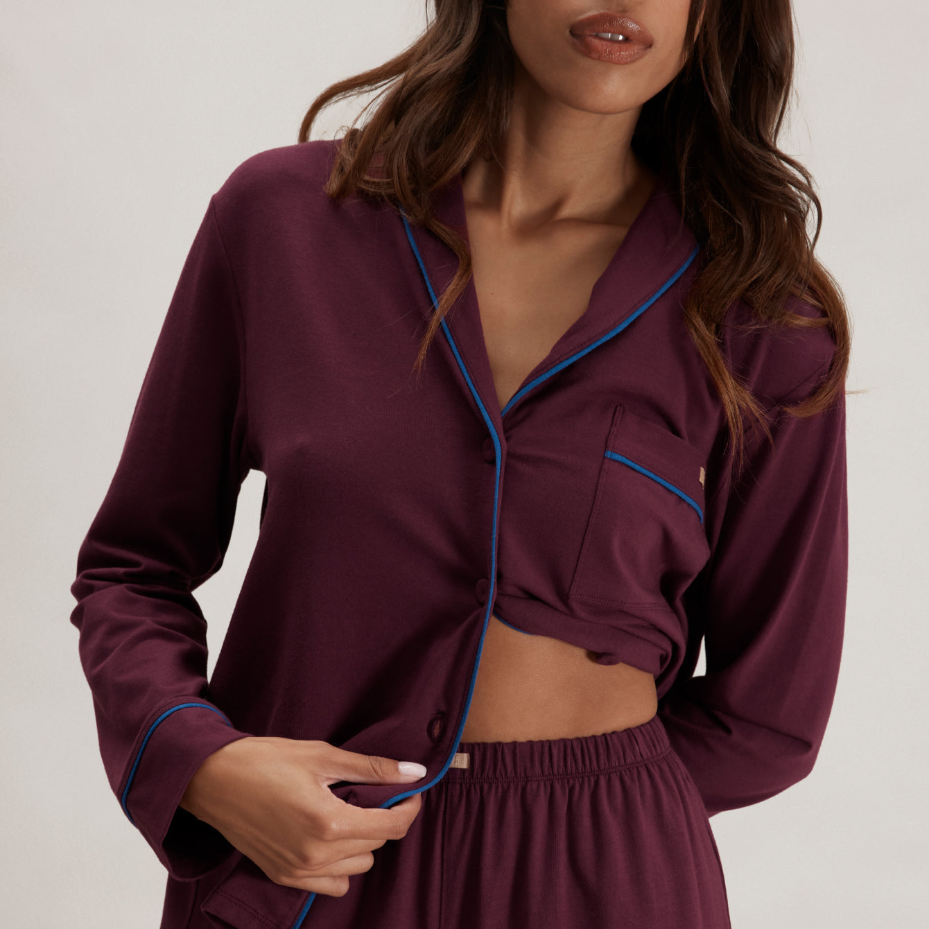 Lunya Pajamas Slumberknit™ Shawl Collar Button Down Pant Set - #Calliope Wine/Royal Lagoon