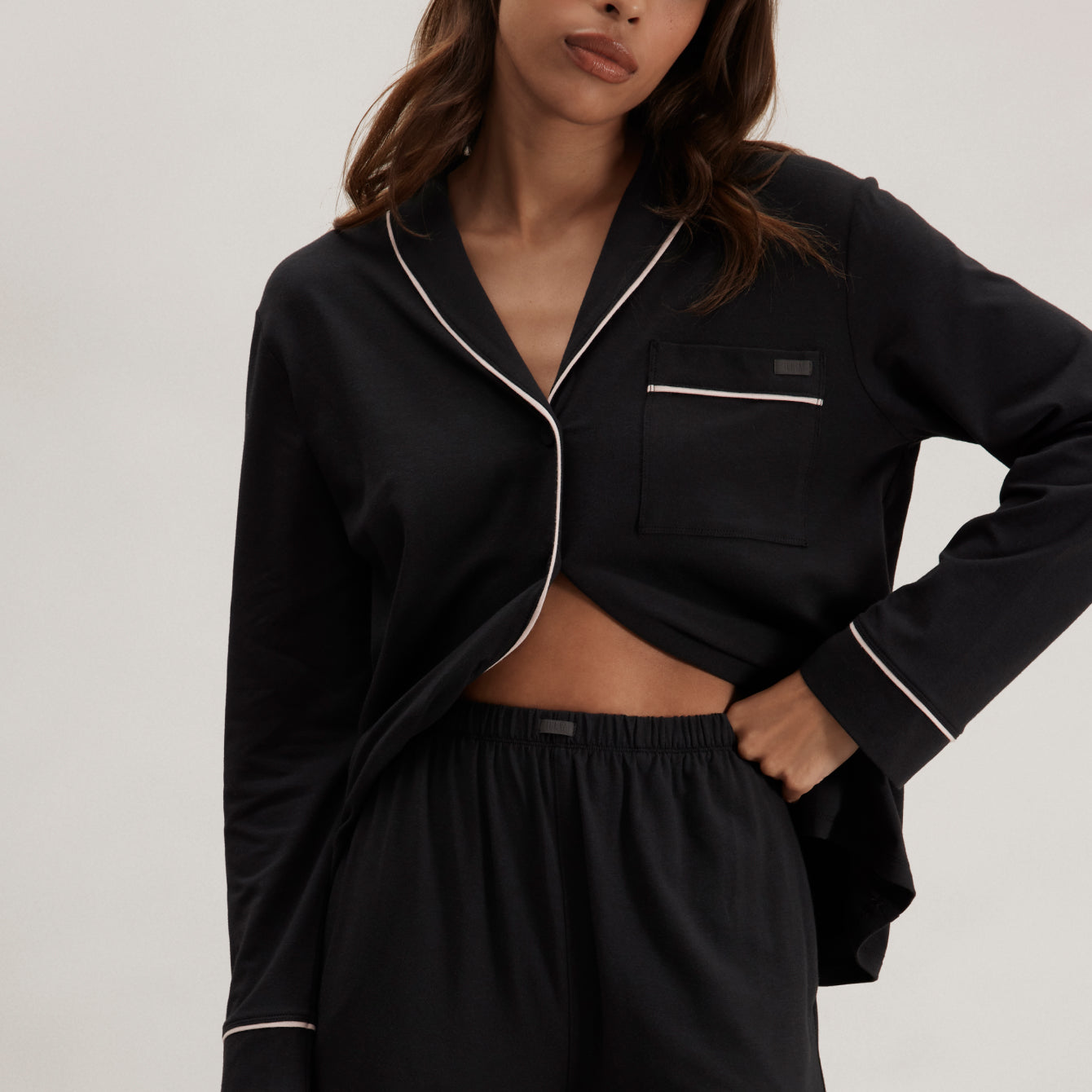 Lunya Pajamas Slumberknit™ Shawl Collar Button Down Pant Set - #Immersed Black/Delicate Pink