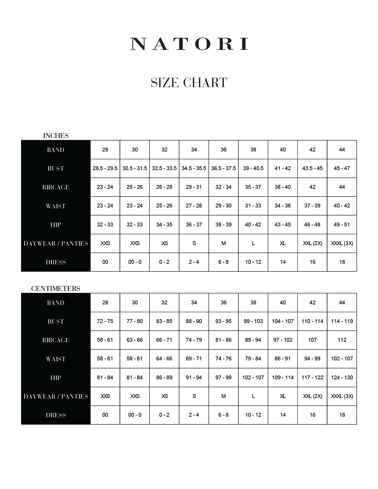 natori size chart