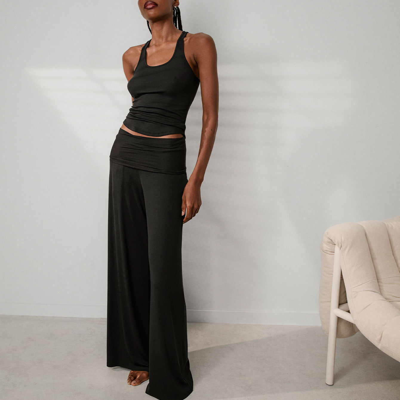 Lunya Loungewear Soft Modal Rib Fold Over Pant - #Immersed Black