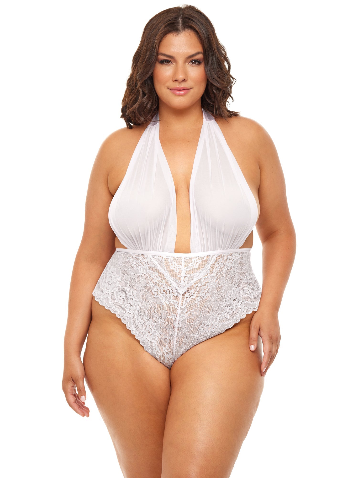 Bridal Curvy Aria Sheer Plunge Halter Teddy - Teddy - Oh La La Cheri