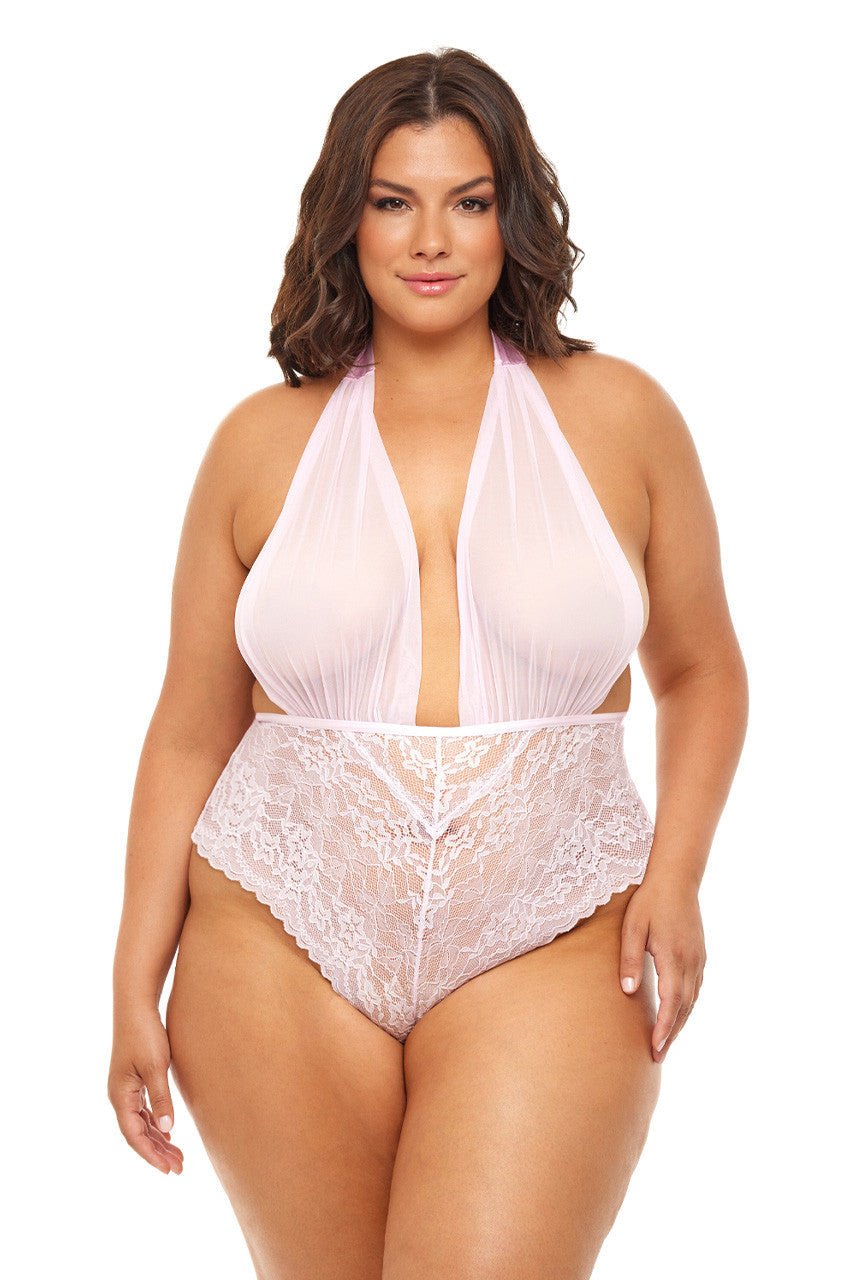 Curvy Aria Sheer Plunge Halter Teddy - Teddy - Oh La La Cheri