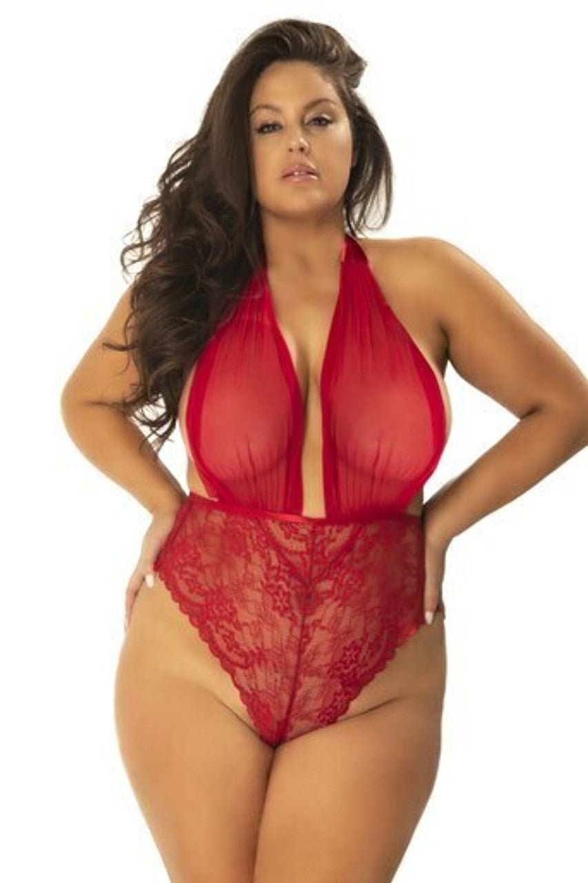 Curvy Aria Sheer Plunge Halter Teddy - Teddy - Oh La La Cheri